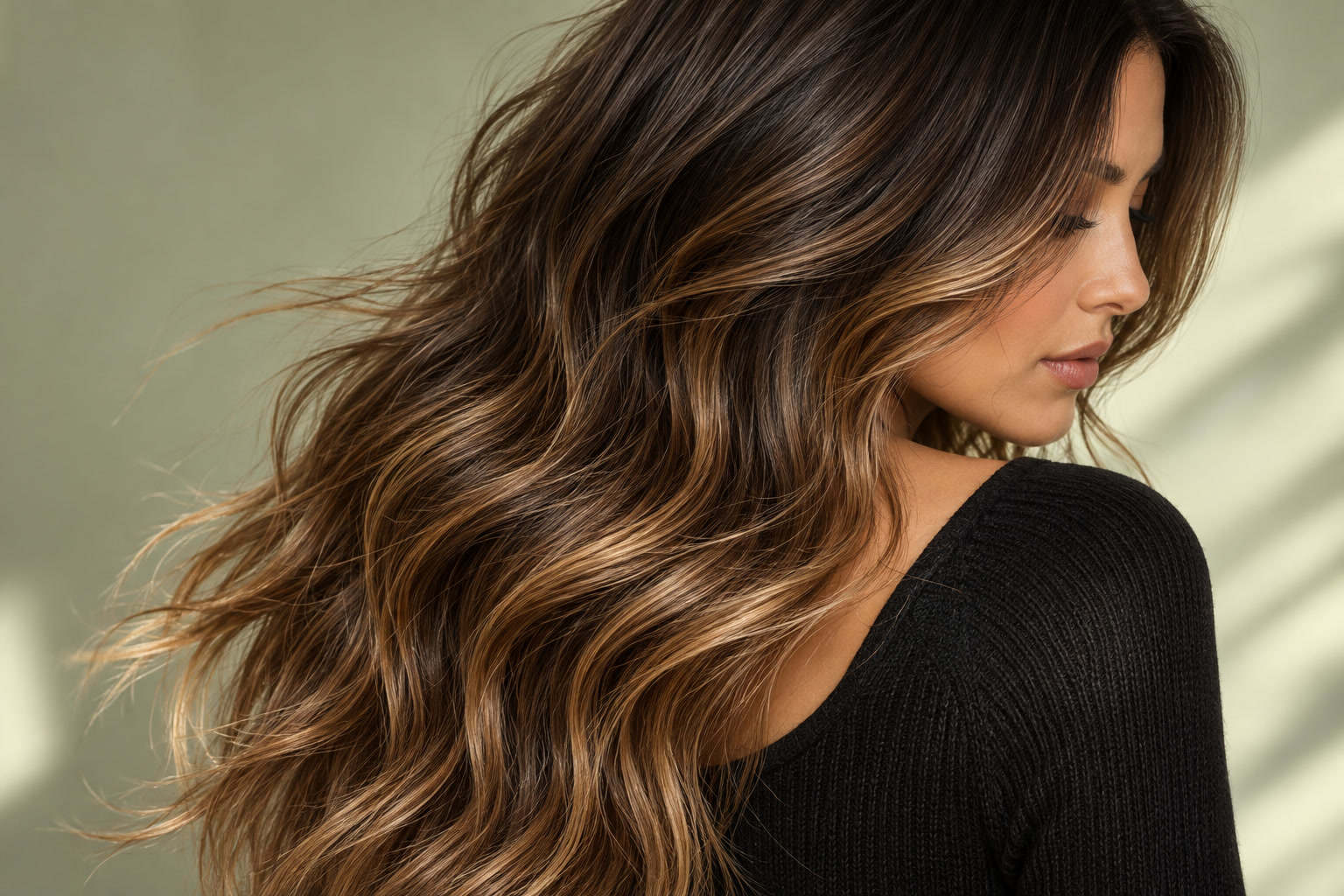 Brunette waves with fine caramel highlights.