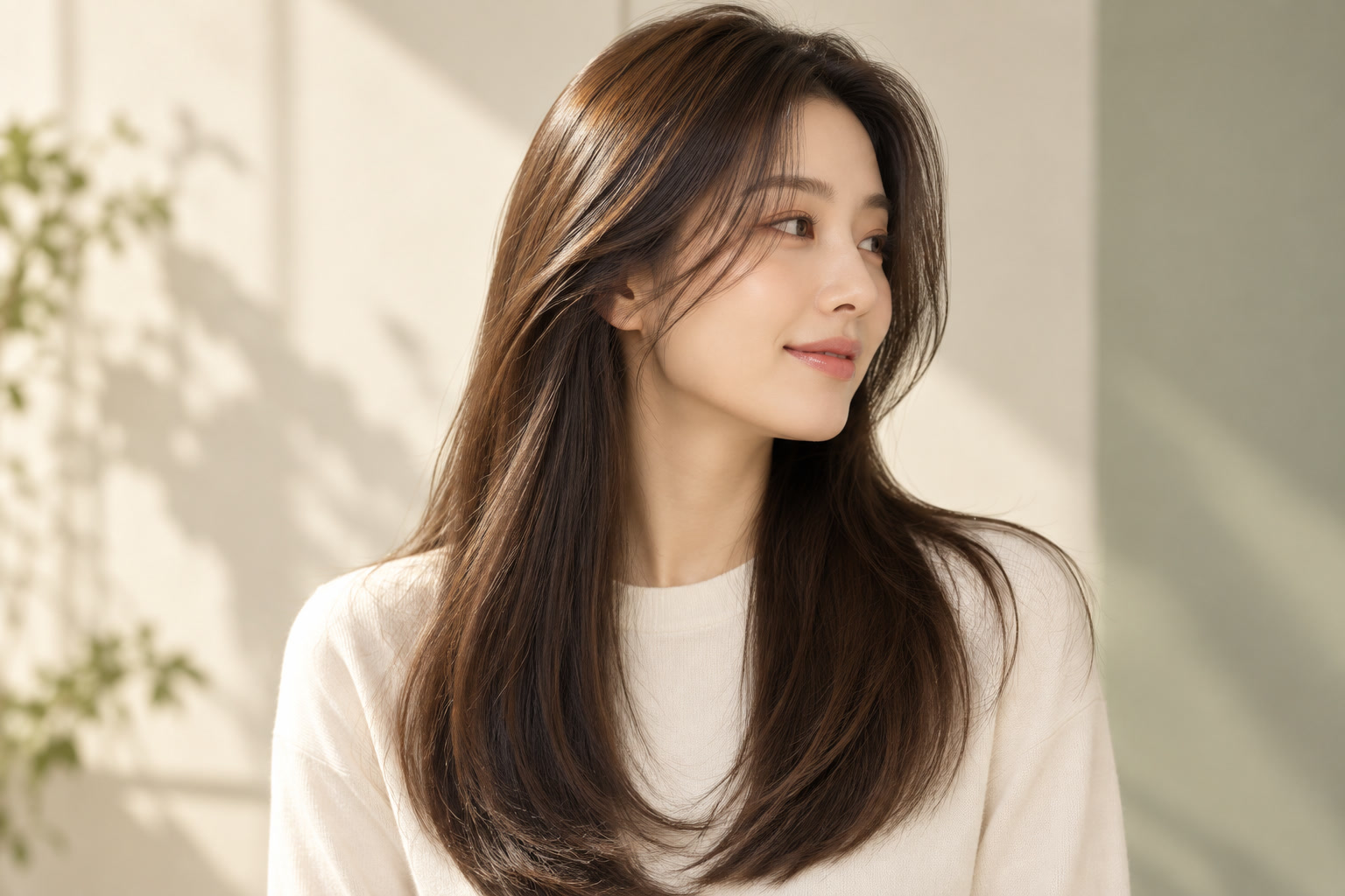Dark hair with roots and lengths clearly lit.