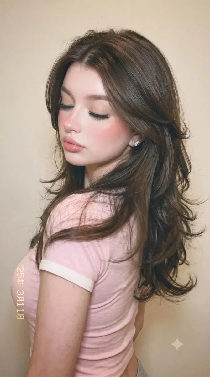 A soft indoor portrait with long brown hair.