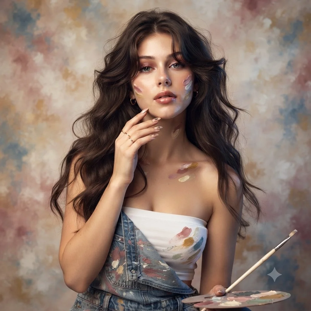An artist-inspired portrait with loose dark waves.