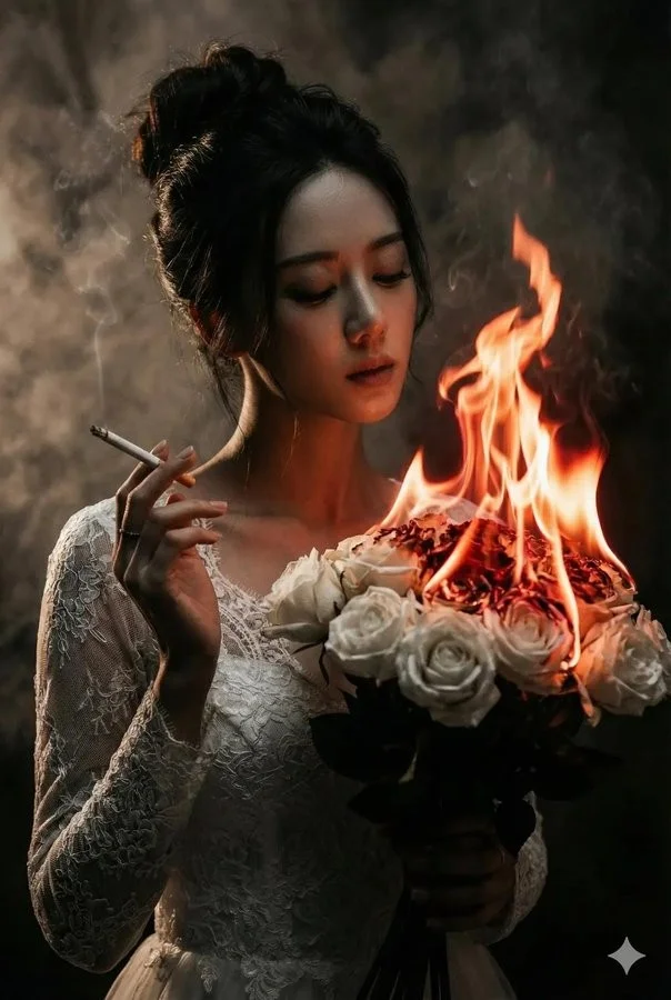 White lace bridal gown and a bouquet with flames in a fantasy portrait