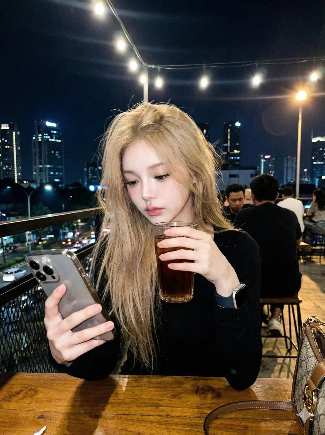 An evening cafe portrait with light-colored hair.