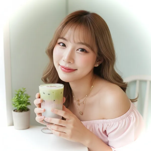 A warm cafe portrait with a light fringe.