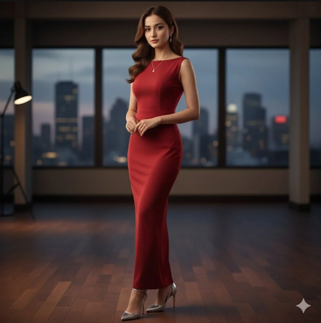 Full-length fitted red evening dress