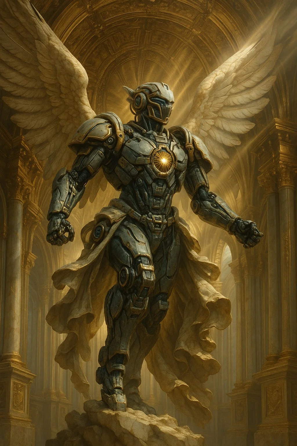 A golden sculptural figure with a dramatic silhouette.