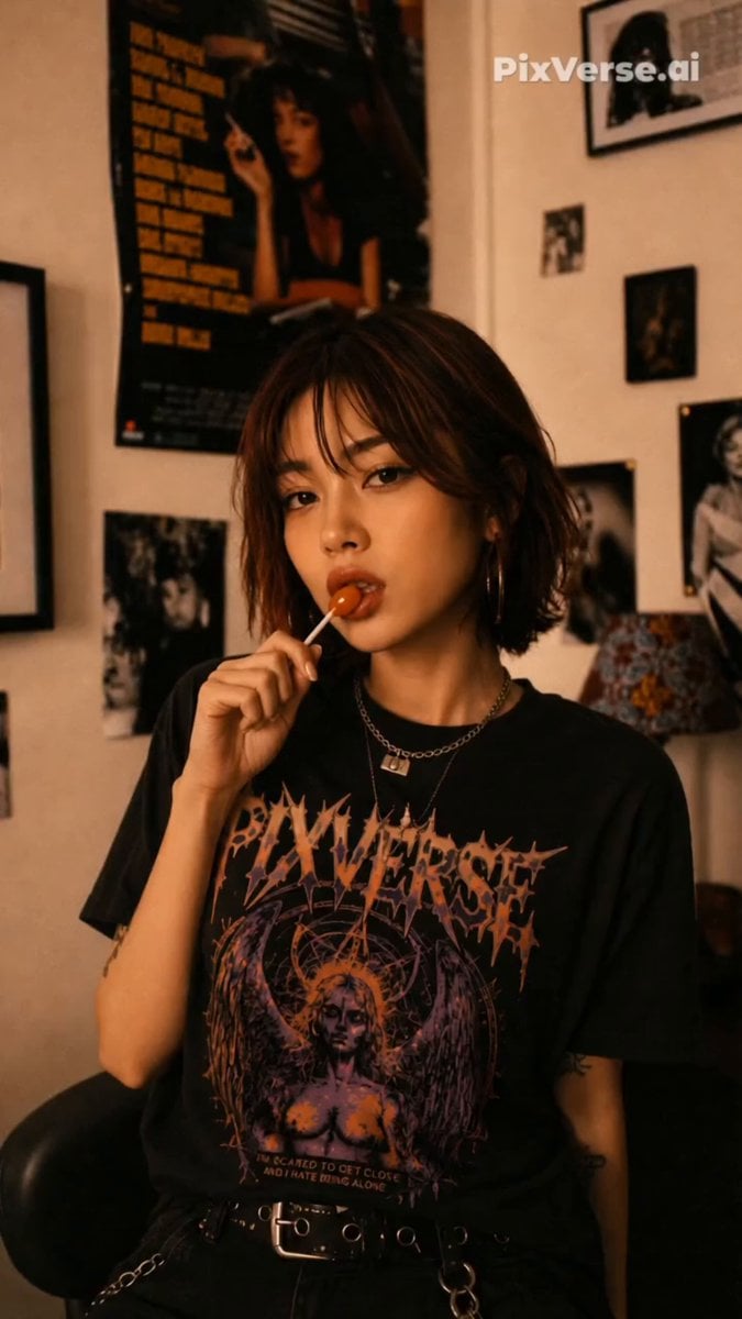 Korean-Japanese mixed-race female, short auburn bob haircut, black PIXVERSE
