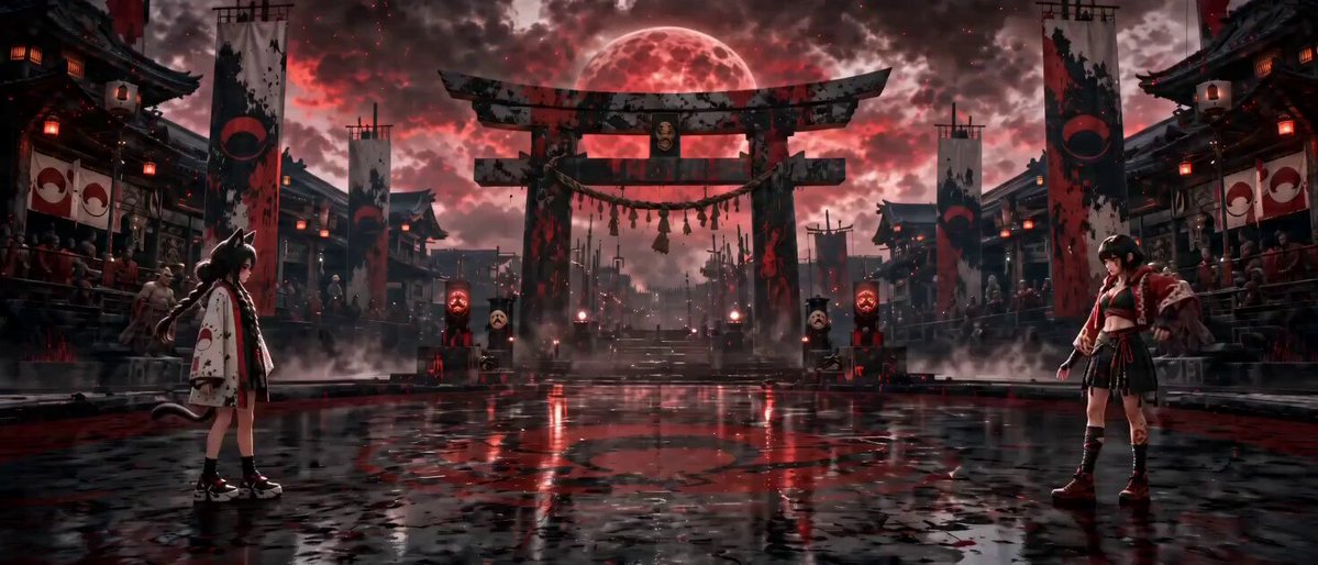 SHOT] High-fidelity stylized anime CG power duel. Fighter A starts left,