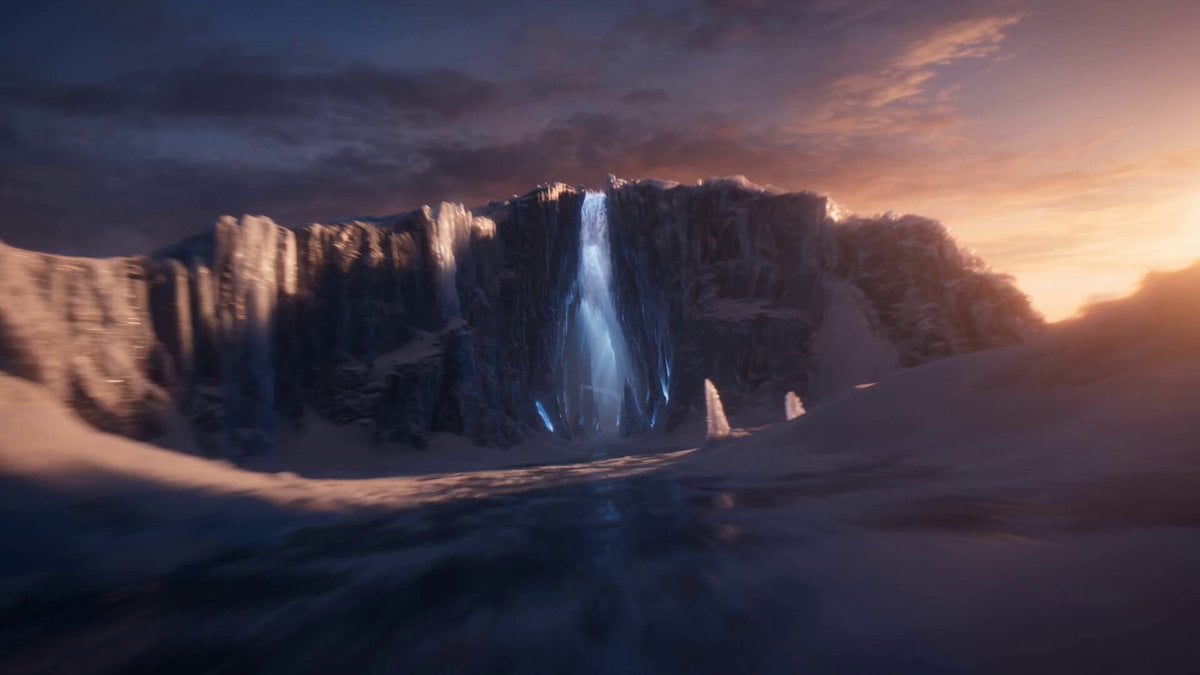 FPV shot: The camera rockets at high speed through a massive ancient ice