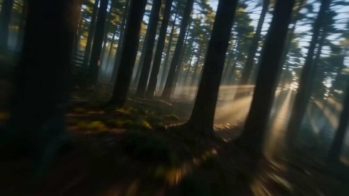 FPV shot: The camera races through a dense forest at sunrise, weaving