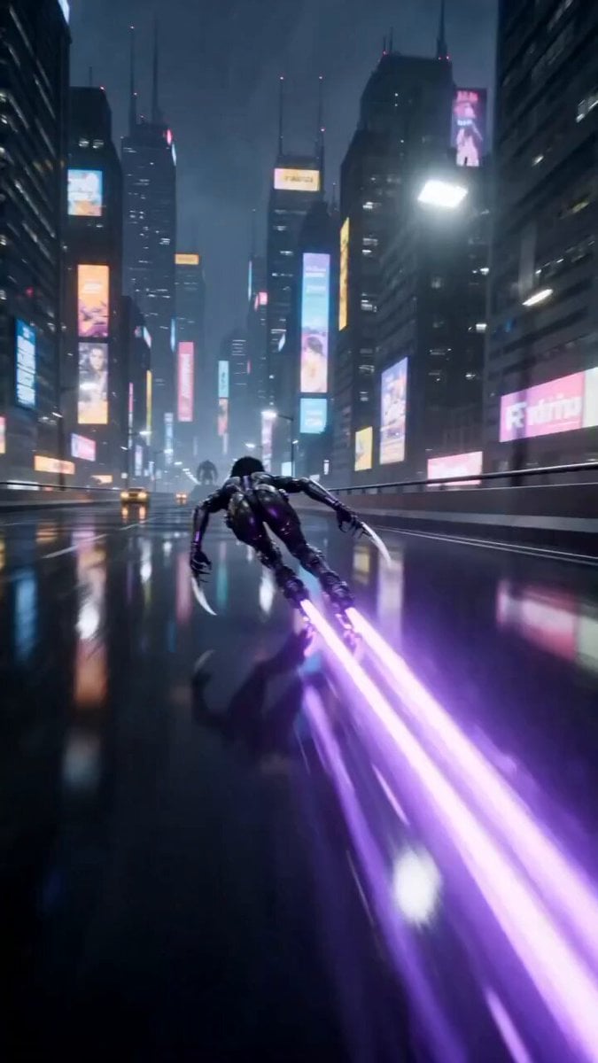 Cinematic 3D animation, futuristic cyberpunk city at night with neon