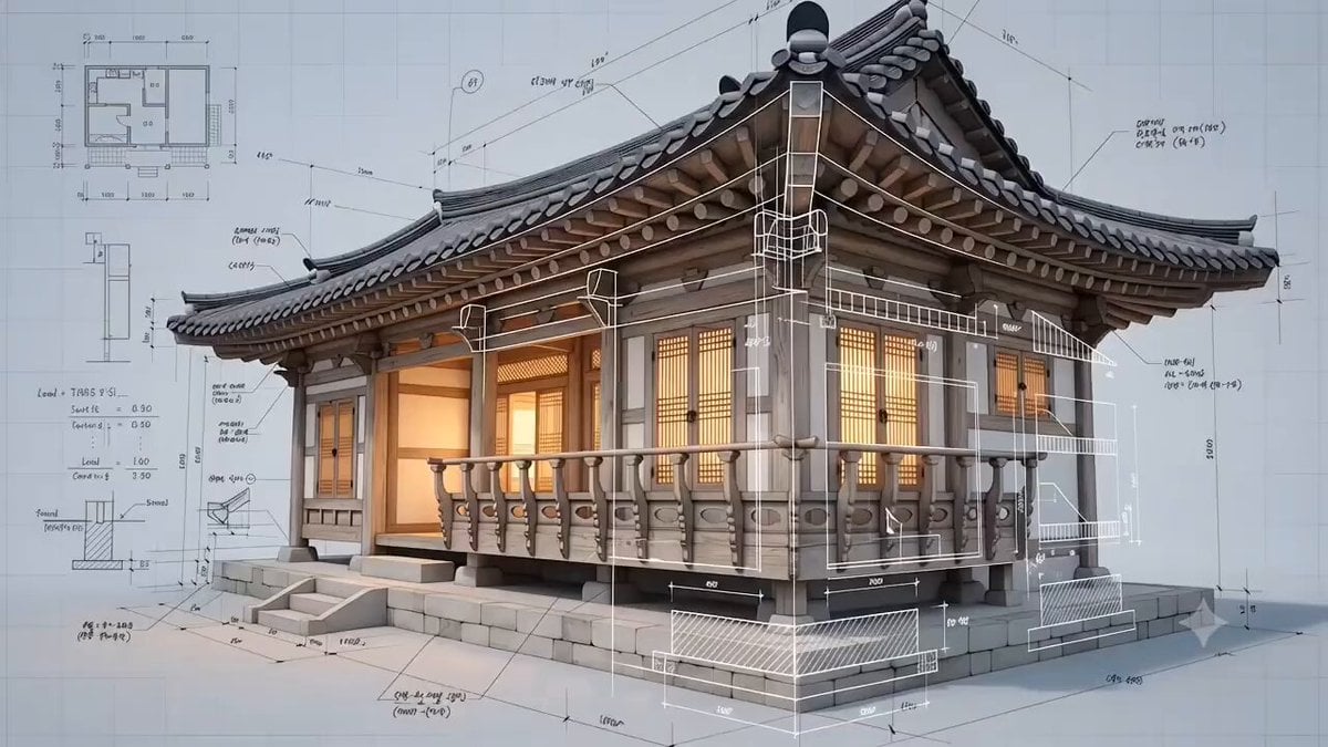 Create a cinematic 3D architectural visualization of a traditional Korean